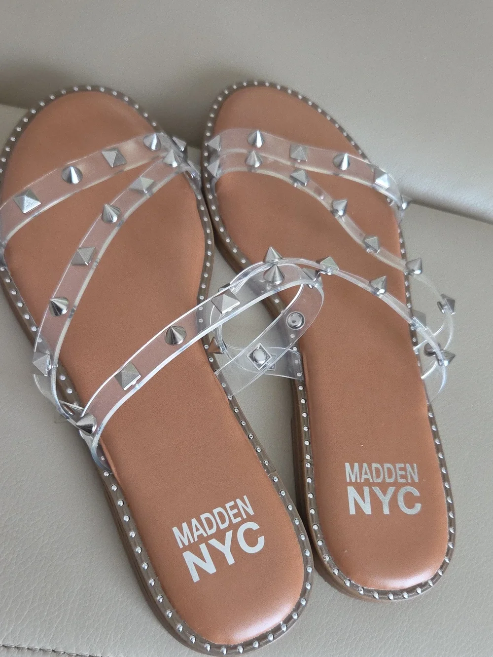 Steve Madden Clear Studded Slide Sandals in Tan